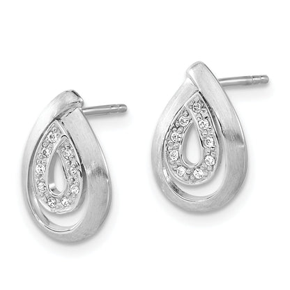 Sterling Silver Brushed Cz Teardrop Post Earrings
