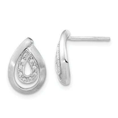 Sterling Silver Brushed Cz Teardrop Post Earrings