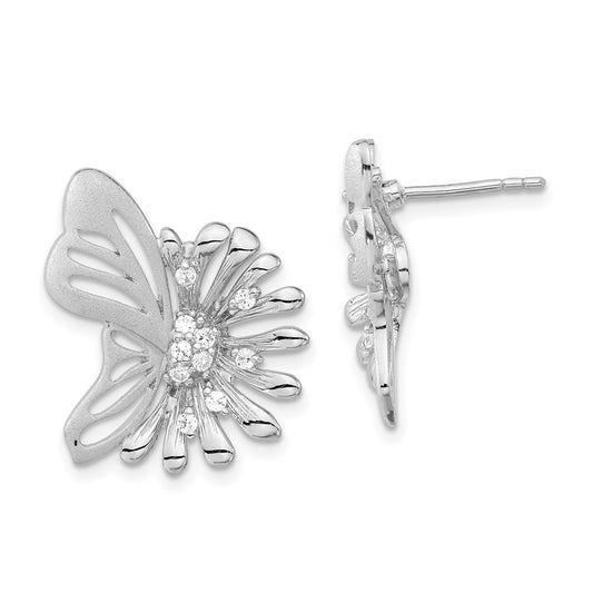 Sterling Silver Polished & Satin Flower Butterfly Cz Post Earrings