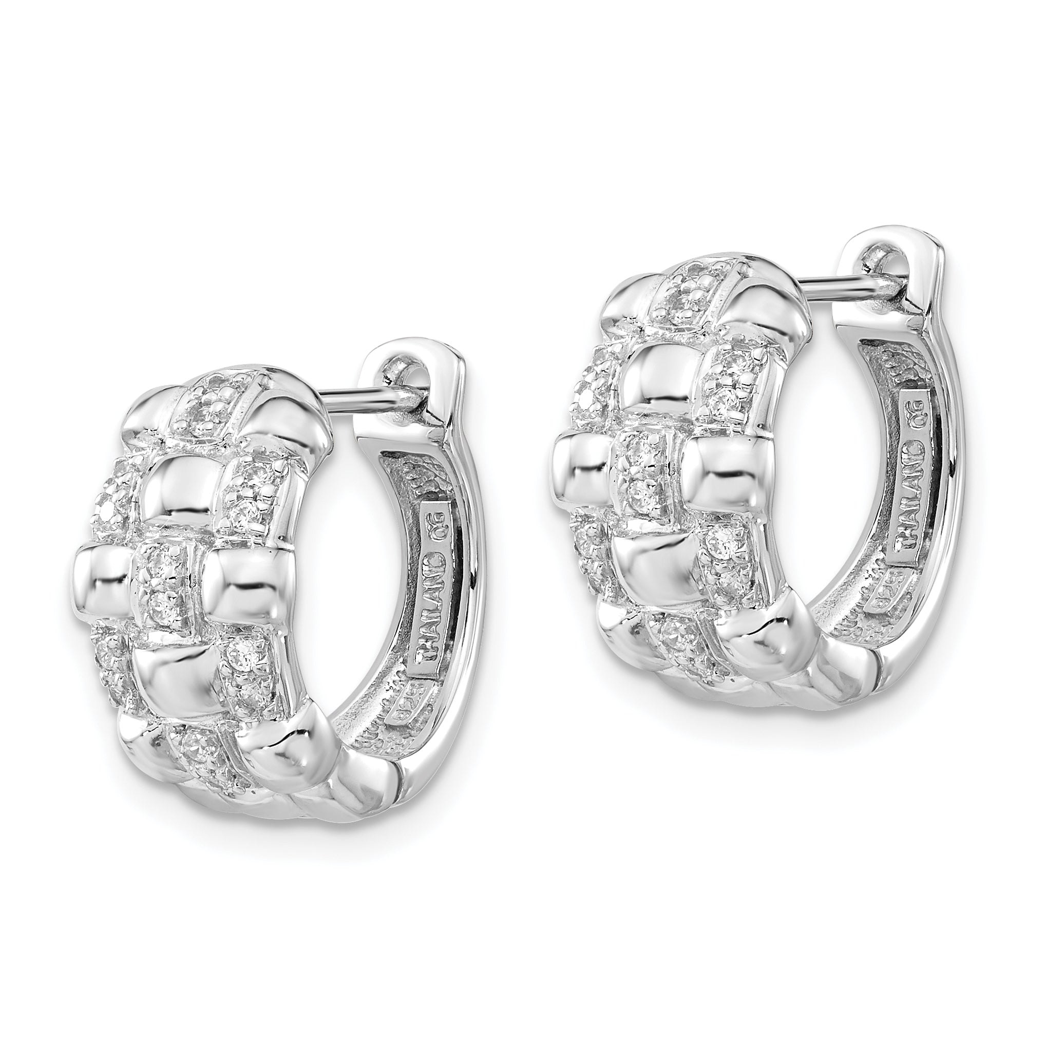 Sterling Silver Polished Cz Woven Hinged Round Hoop Earrings