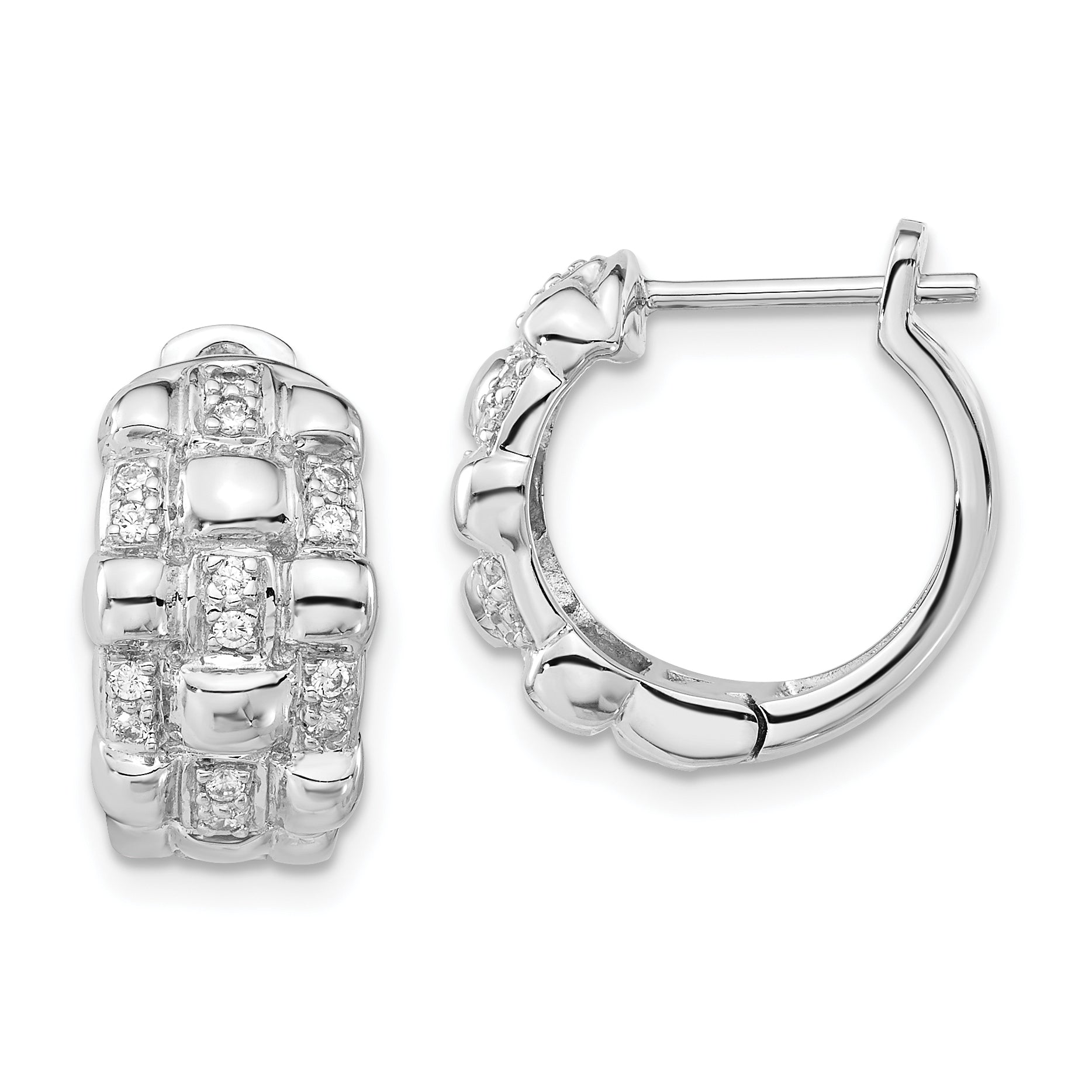 Sterling Silver Polished Cz Woven Hinged Round Hoop Earrings