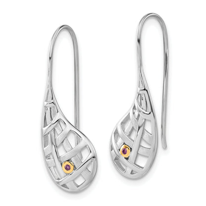 Ss/Gold Plated Sterling Silver Gold-Plated Polished & Satin Amethyst Criss Cross Teardrop Dangle Earrings