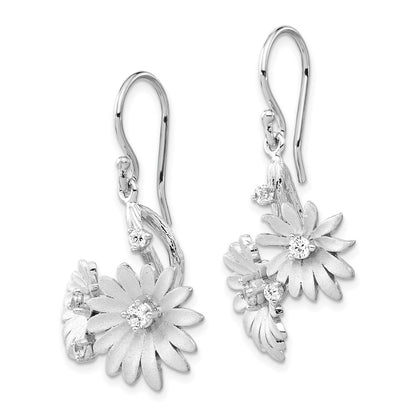 Sterling Silver Polished & Satin Cz Flower Dangle Earrings