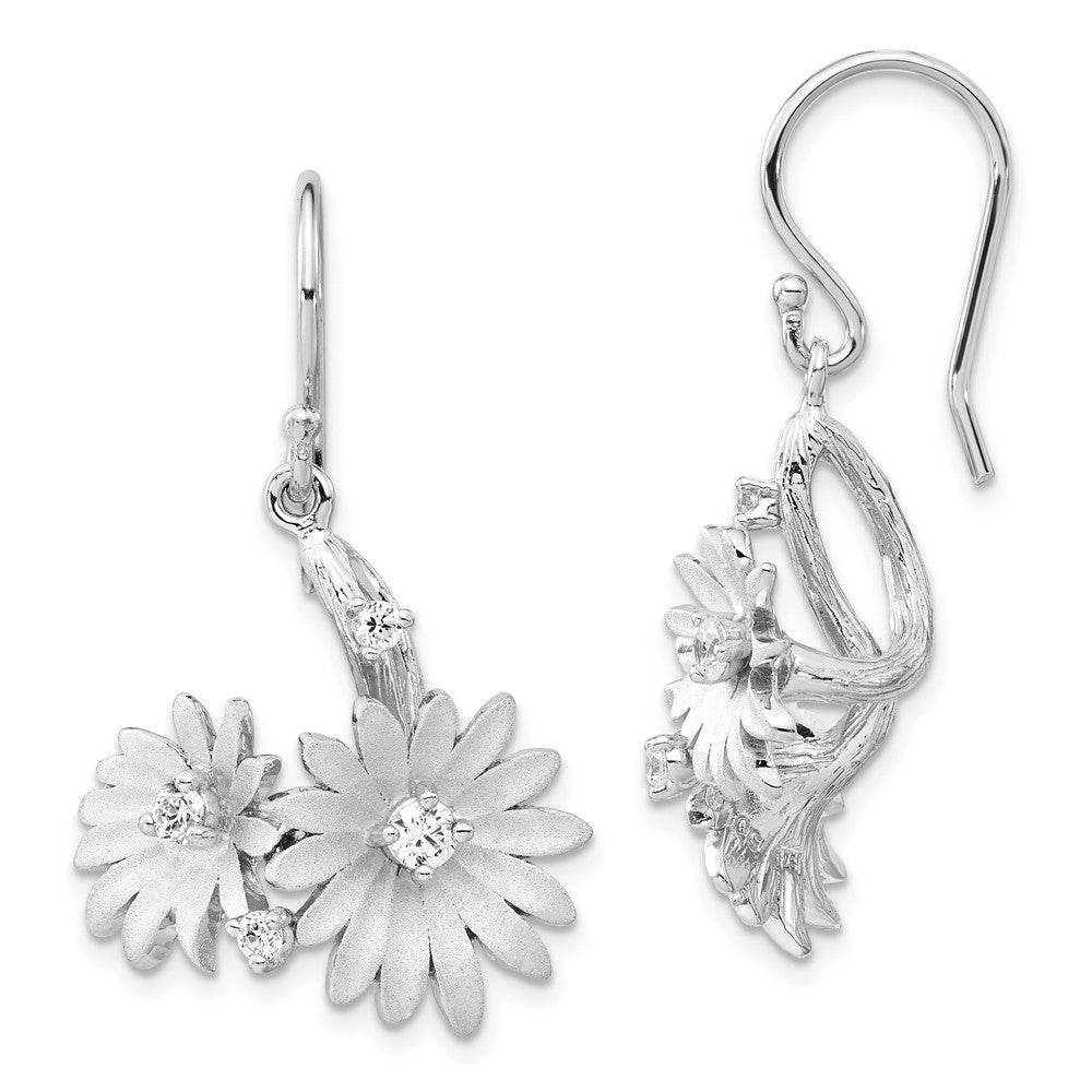 Sterling Silver Polished & Satin Cz Flower Dangle Earrings