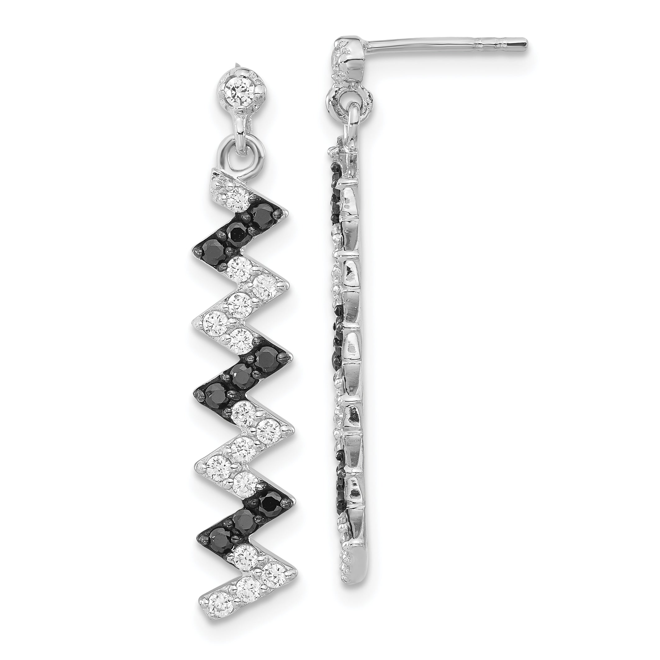 Sterling Silver Polished Black & White Cz Post Dangle Earrings