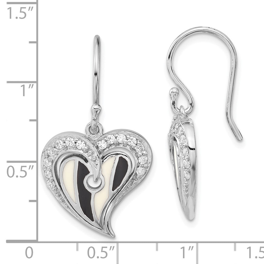 Sterling Silver Polished Black & White Enamel Cz Heart Dangle Earrings