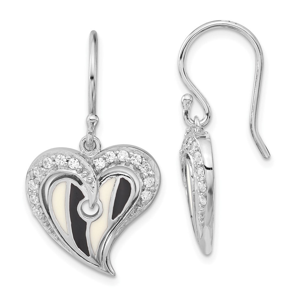 Sterling Silver Polished Black & White Enamel Cz Heart Dangle Earrings