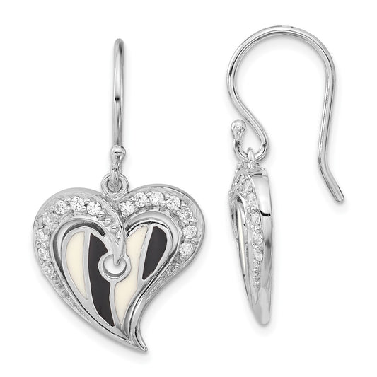 Sterling Silver Polished Black & White Enamel Cz Heart Dangle Earrings