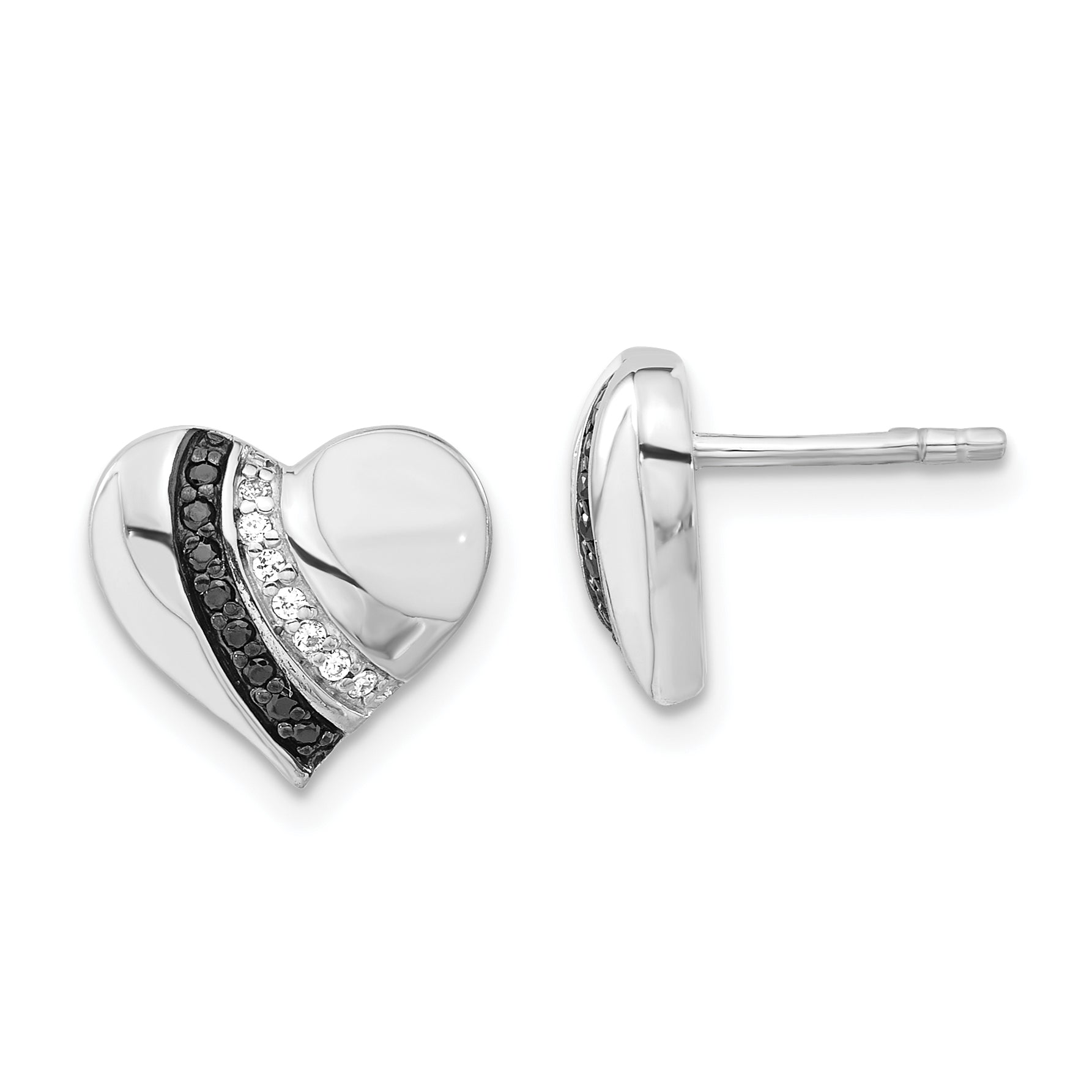 Sterling Silver Black Rhodium-Plated Enameled & Clear Cz Heart Post Earrings