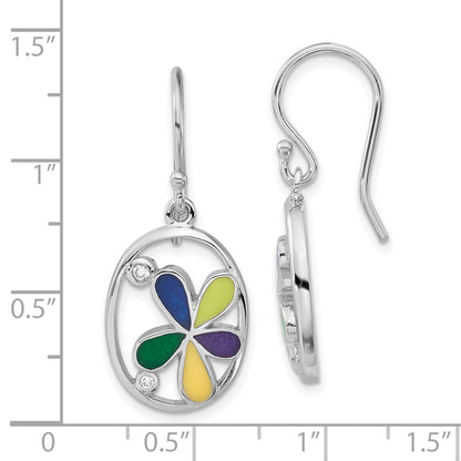 Sterling Silver Enameled & Cz Flower Oval Shepherd Hook Dangle Earrings