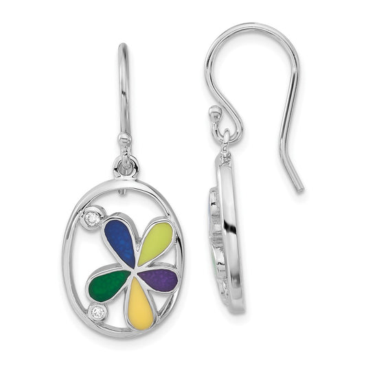 Sterling Silver Enameled & Cz Flower Oval Shepherd Hook Dangle Earrings