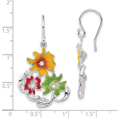 Sterling Silver Red, Green & Yellow Enamel Cz Flowers Dangle Earrings