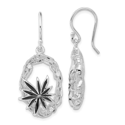 Sterling Silver Polished & Textured Black Enamel Cz Flower Dangle Earrings