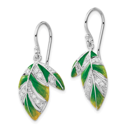 Sterling Silver Green & Yellow Enameled Cz Leaf Dangle Earrings