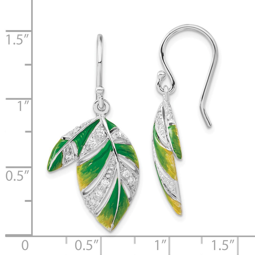 Sterling Silver Green & Yellow Enameled Cz Leaf Dangle Earrings
