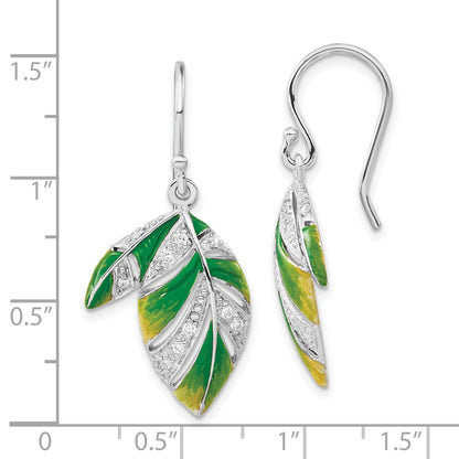 Sterling Silver Green & Yellow Enameled Cz Leaf Dangle Earrings