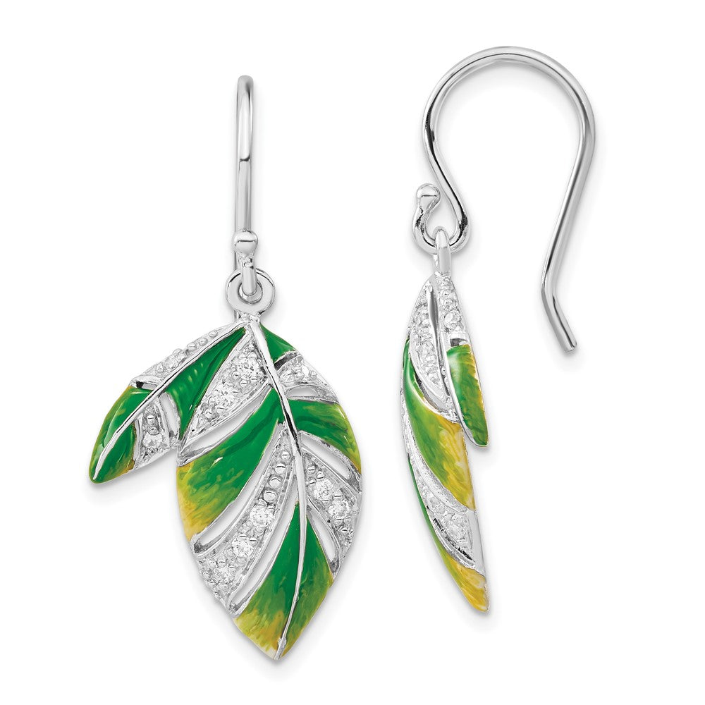 Sterling Silver Green & Yellow Enameled Cz Leaf Dangle Earrings
