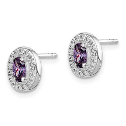 Sterling Silver Rhod-Plated W/ Purple And White Cz Oval Stud Earrings