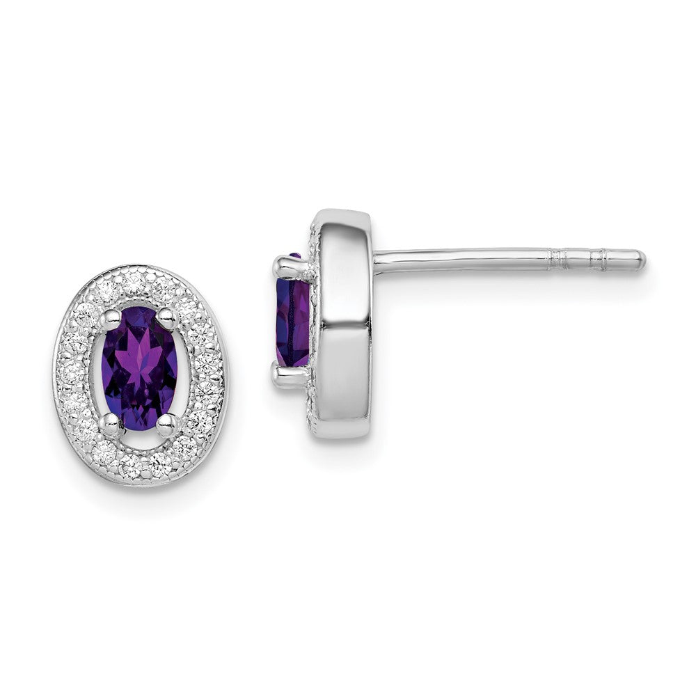 Sterling Silver Rhod-Plated W/ Purple And White Cz Oval Stud Earrings