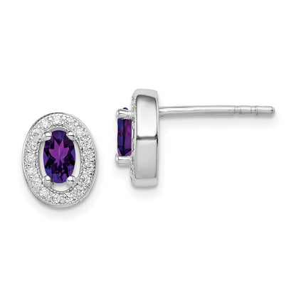 Sterling Silver Rhod-Plated W/ Purple And White Cz Oval Stud Earrings