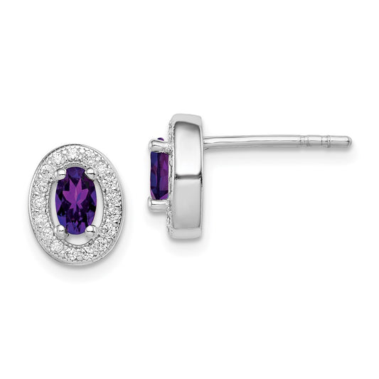 Sterling Silver Rhod-Plated W/ Purple And White Cz Oval Stud Earrings