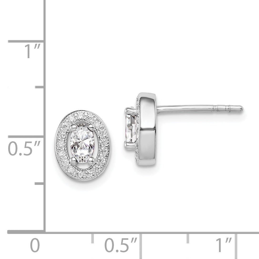 Sterling Silver Rhodium-Plated W/ Cz Oval Stud Earrings