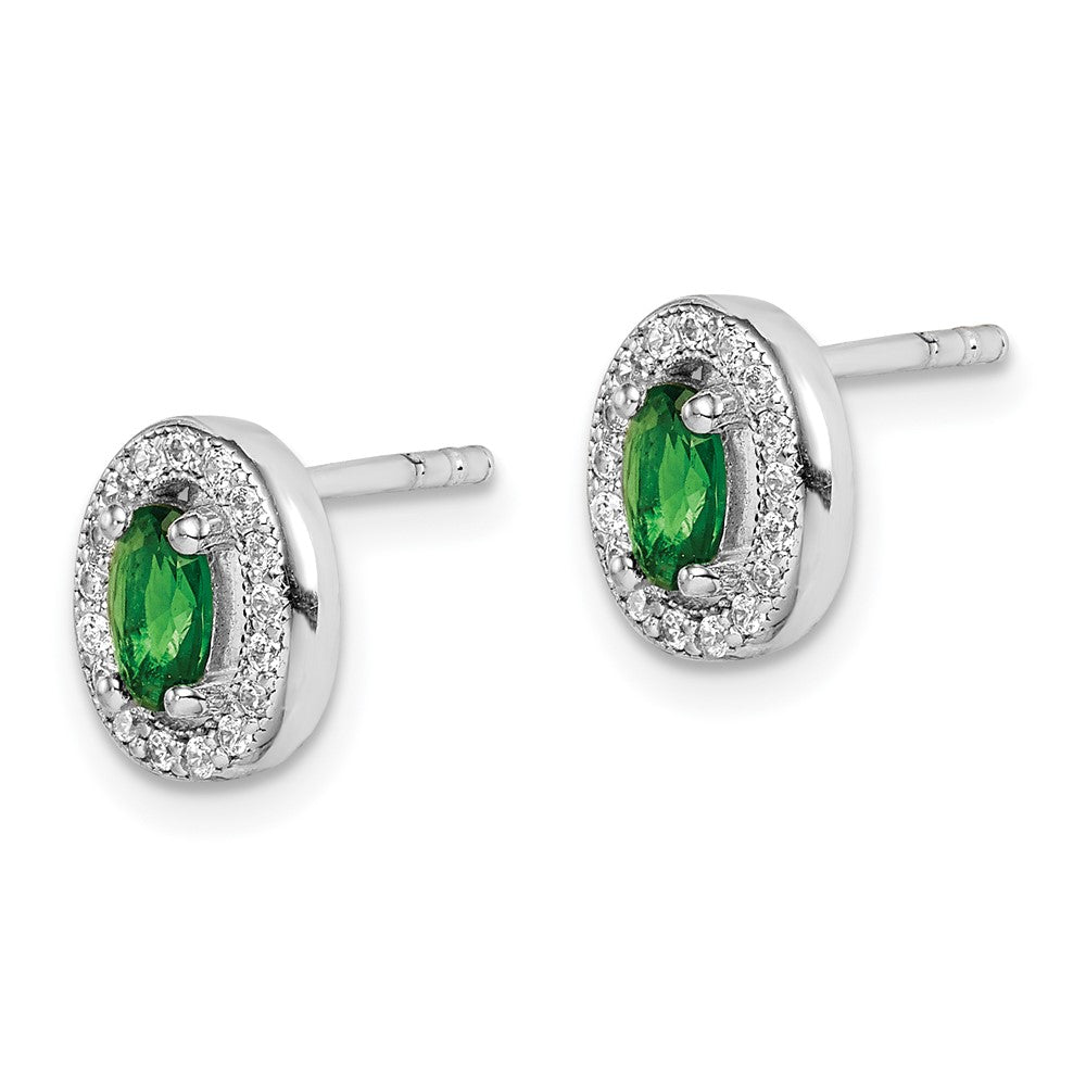 Sterling Silver Rhod-Plated W/ Green And White Cz Oval Stud Earrings