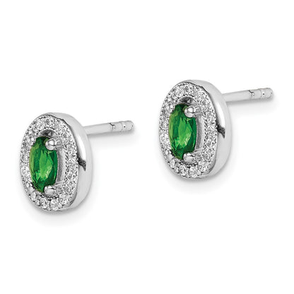 Sterling Silver Rhod-Plated W/ Green And White Cz Oval Stud Earrings