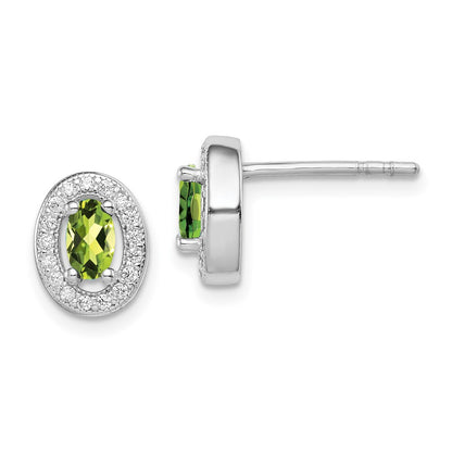 Sterling Silver Rhod-Plated Light Green And White Cz Oval Stud Earrings