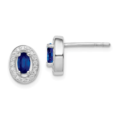 Sterling Silver Rhod-Plated Blue And White Cz Oval Stud Earrings