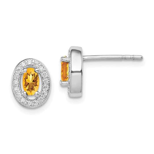 Sterling Silver Rhod-Plated Yellow And White Cz Oval Stud Earrings