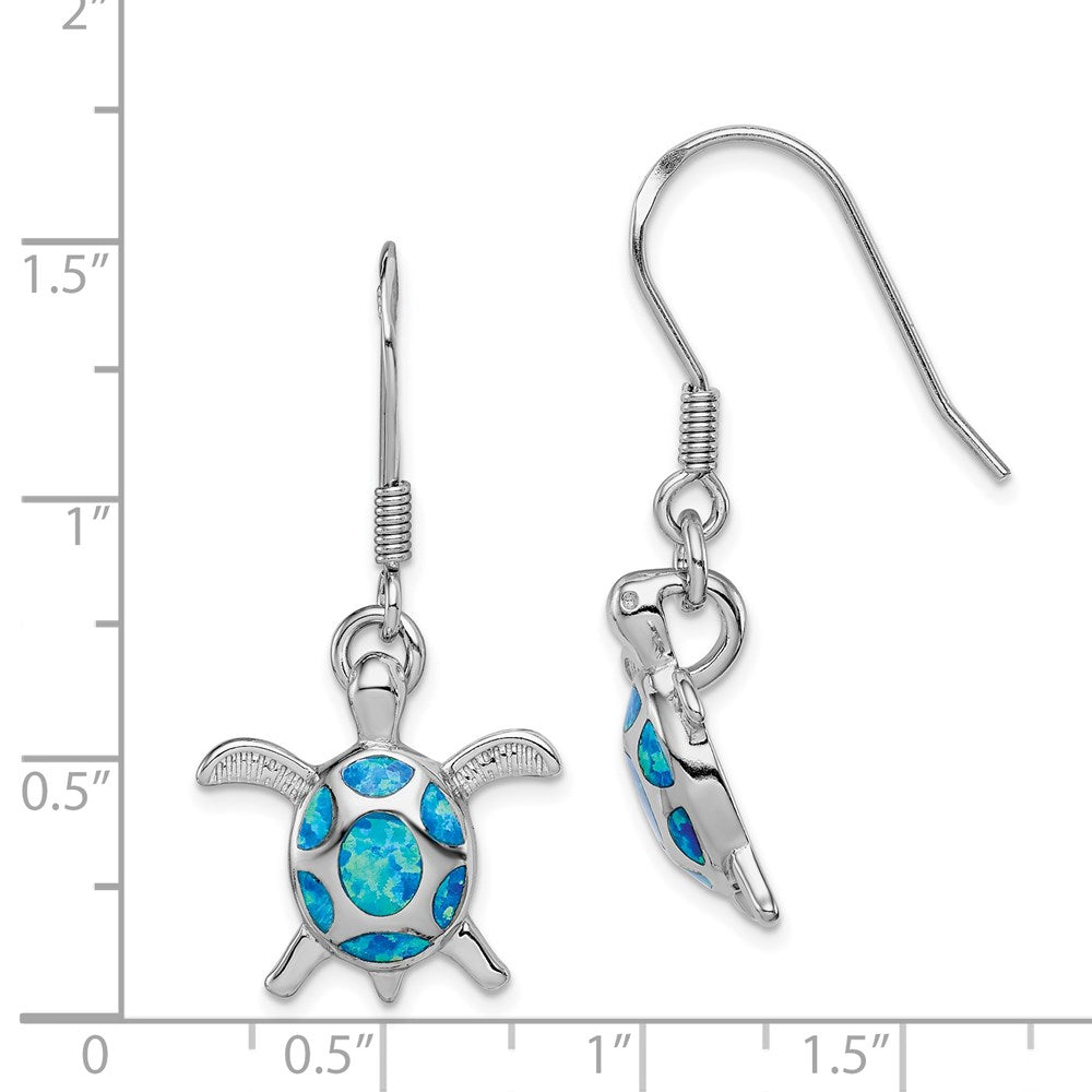 Sterling Silver Rhodium-Plated Polished Created Blue Opal Turtle Shepherd Hook Earrings