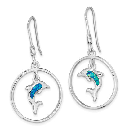 Sterling Silver Rhodium-Plated Polished Created Blue Opal Dolphin Dangle Earrings
