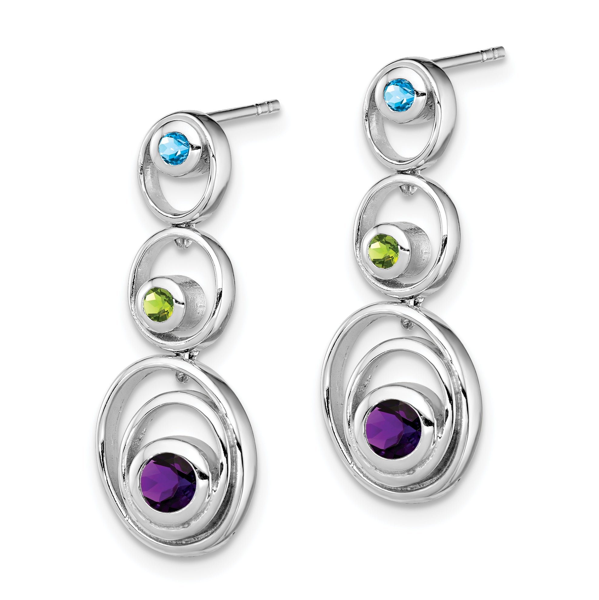 Sterling Silver Rhodium-Plated Peridot Blue Topaz And Amethyst Earrings