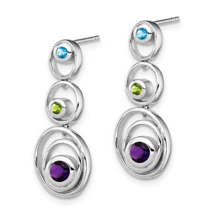 Sterling Silver Rhodium-Plated Peridot Blue Topaz And Amethyst Earrings