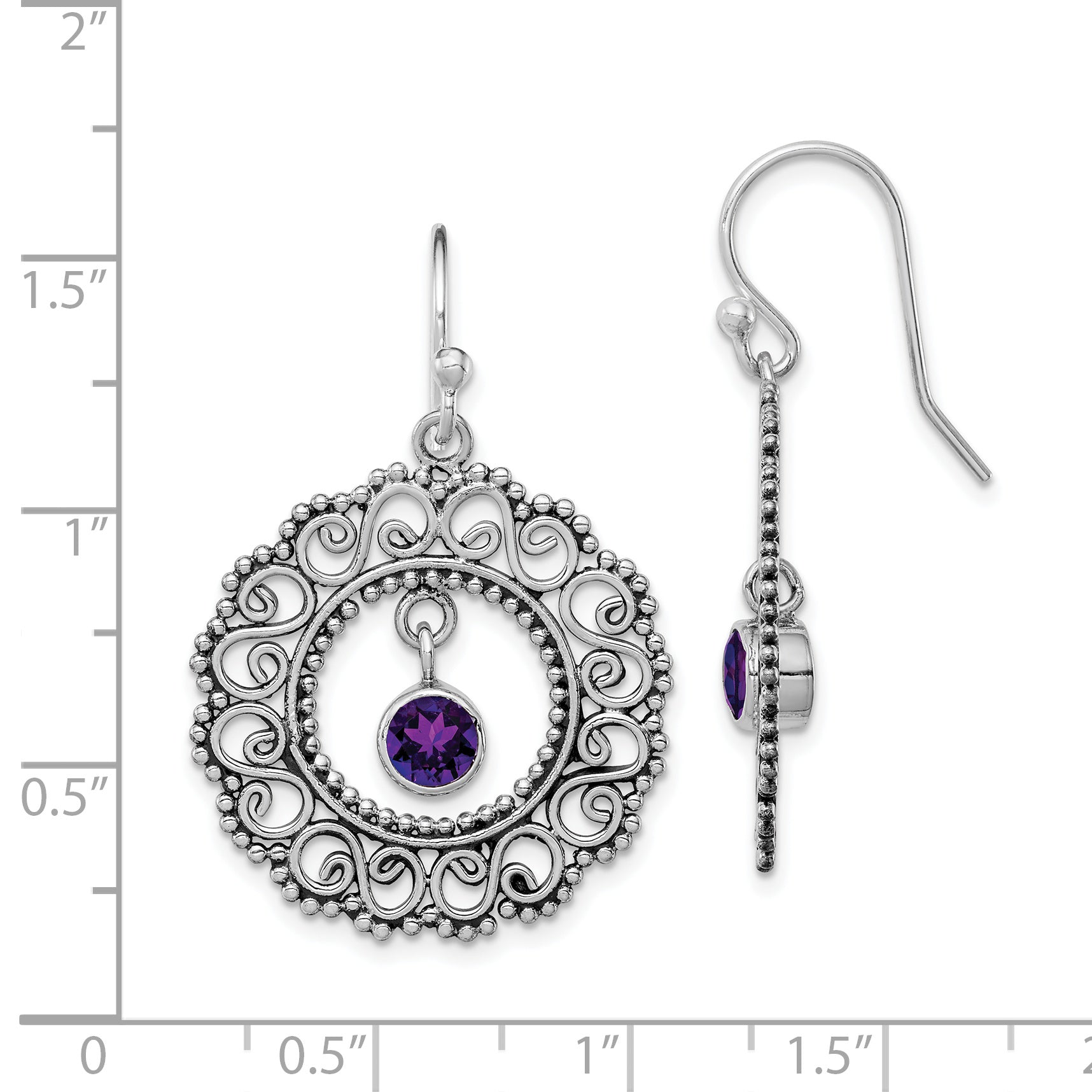 Sterling Silver Rhodium-Plated Antiqued Filigree Amethyst Dangle Earrings