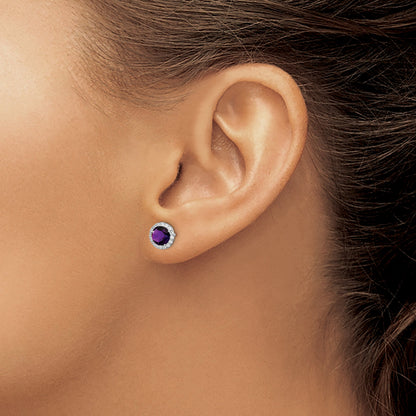 Sterling Silver Rhodium-Plated Amethyst And Cz Post Earrings