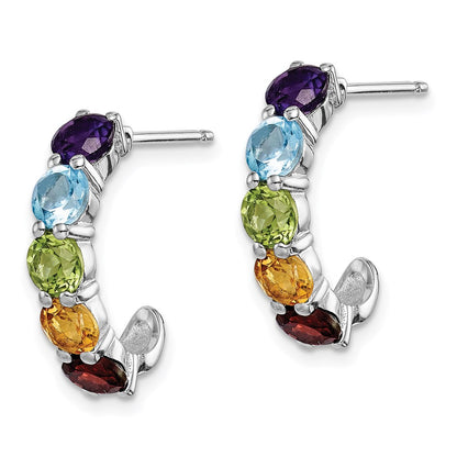 Sterling Silver Rhodium-Plated Multi Gemstone J-Hoop Earrings