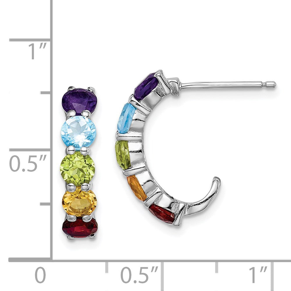Sterling Silver Rhodium-Plated Multi Gemstone J-Hoop Earrings