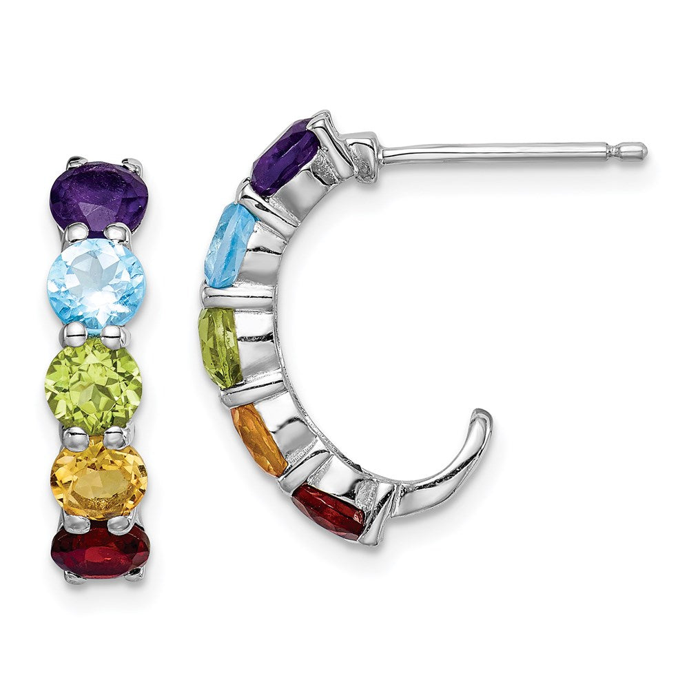 Sterling Silver Rhodium-Plated Multi Gemstone J-Hoop Earrings