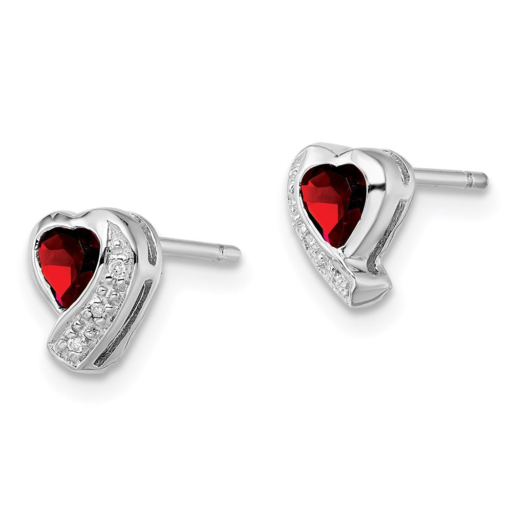Sterling Silver Rhodium-Plated Garnet And Diamond Heart Earrings