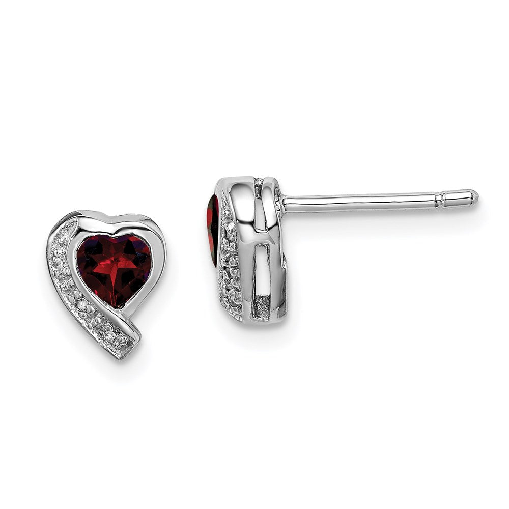 Sterling Silver Rhodium-Plated Garnet And Diamond Heart Earrings