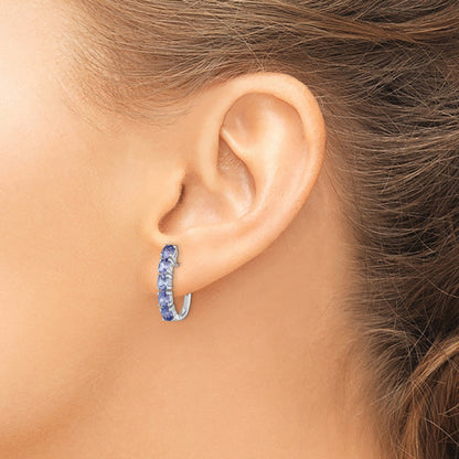 Sterling Silver Rhodium-Plated Oval Tanzanite Hinged Hoop Earrings