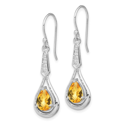 Sterling Silver Rhodium-Plated Cz And Citrine Dangle Earrings