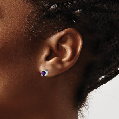 Sterling Silver Rhodium-Plated Polished Amethyst Round Post Earrings