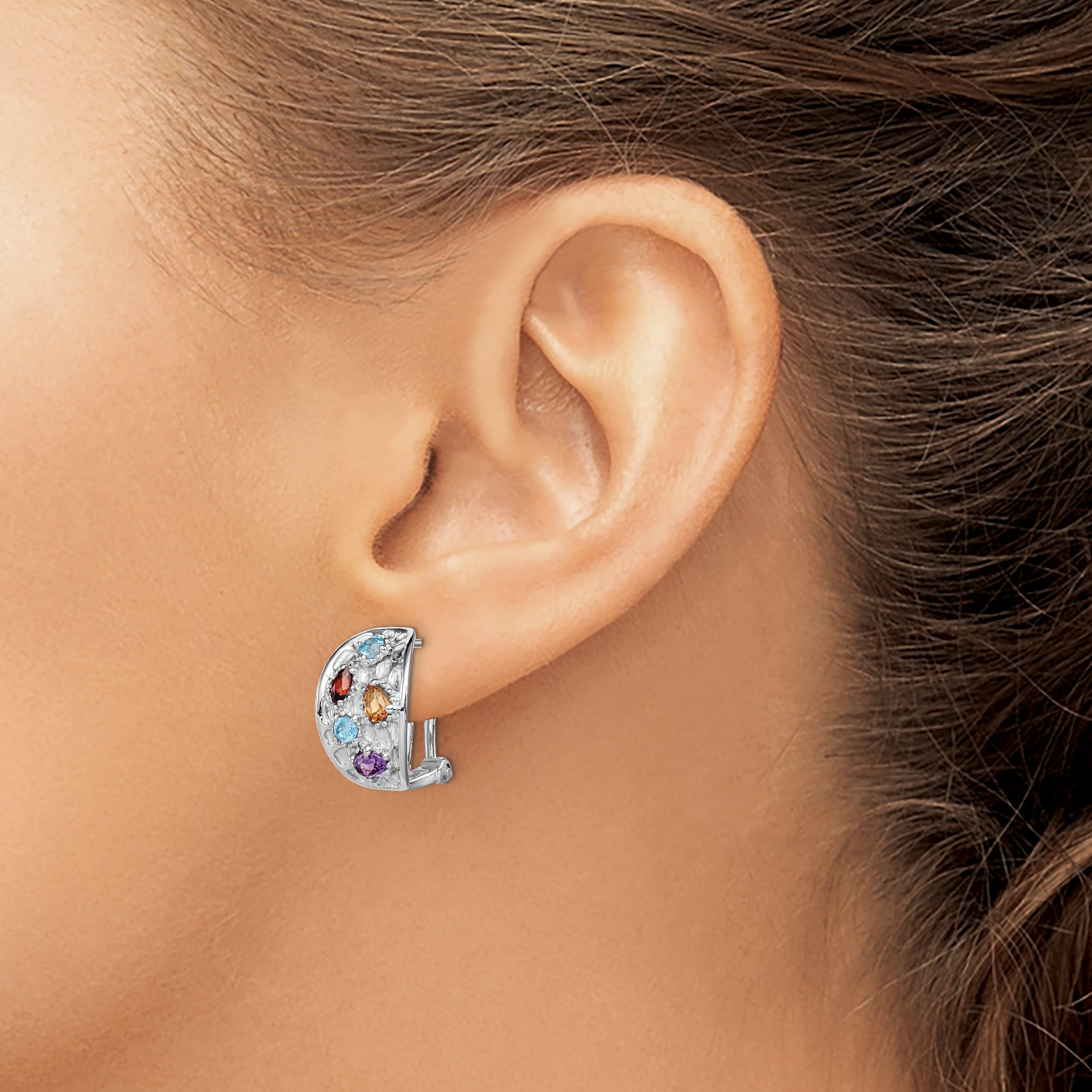 Sterling Silver Ss Rhodium-Plated Amethyst/Blue Topaz/Garnet/Citrine Omega Back Earrings