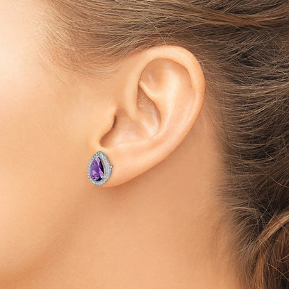 Sterling Silver Rhodium Polished Amethyst & Cz Post Earrings