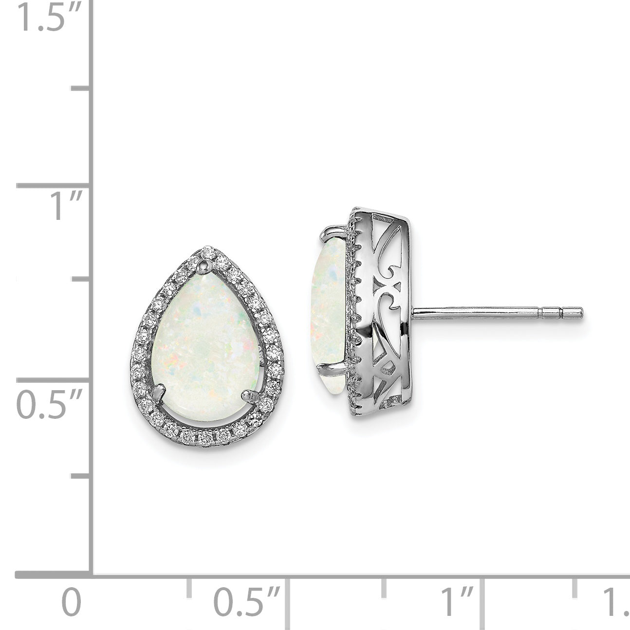 Sterling Silver Rhodium Polished Simulated Opal & Cz Post Earrings