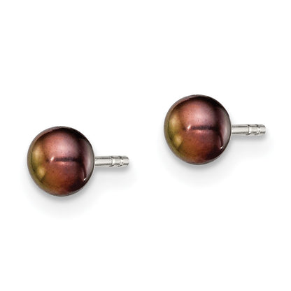 Sterling Silver Rh-Plated 3-4mm Black Fw Cultured Button Pearl Stud Earring