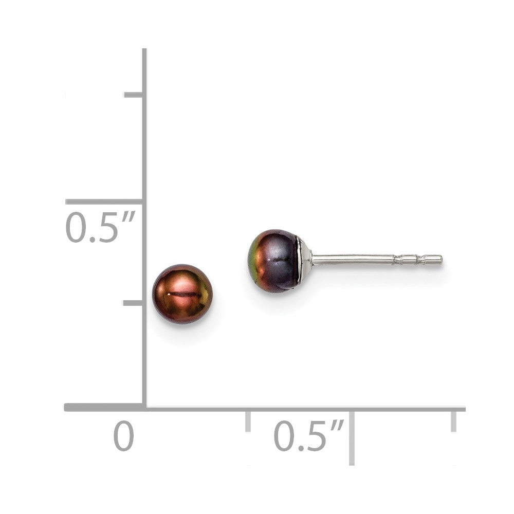 Sterling Silver Rh-Plated 3-4mm Black Fw Cultured Button Pearl Stud Earring